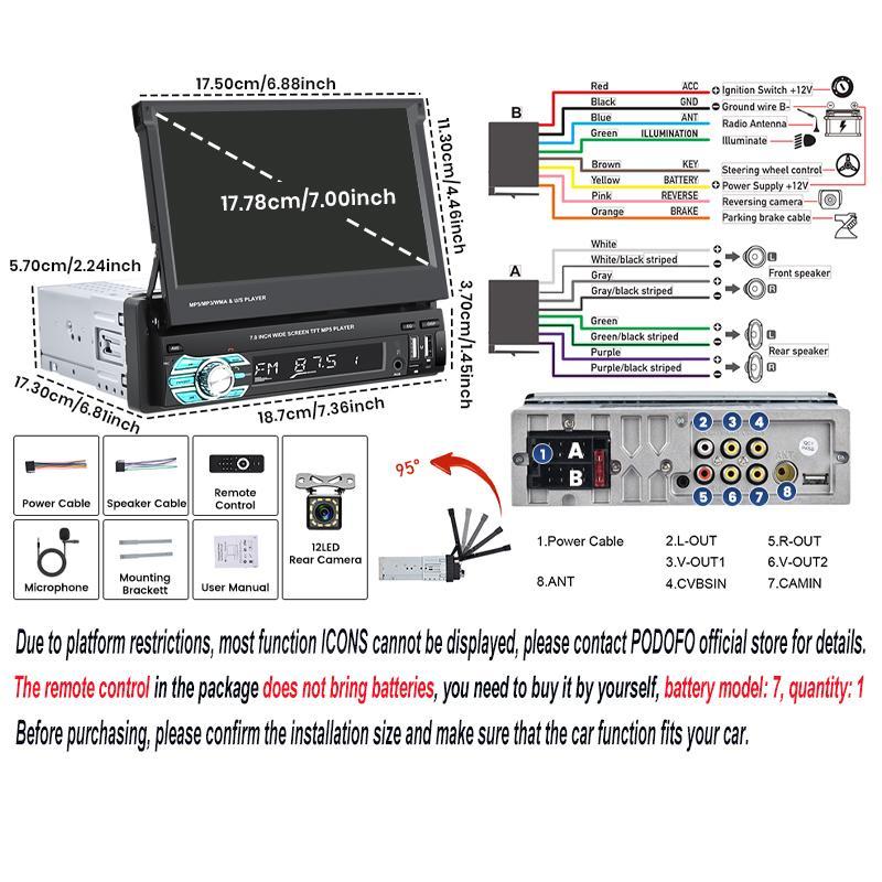 7 Inch Flip Touch Screen Car MP5 Player, Car Bluetooth-compatible FM Radio Player with Rear Camera & External Microphone, Car Video Players