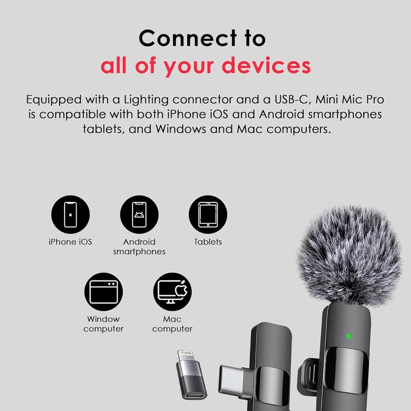 2 pcs 2 in 1 Wireless Lavalier Microphone for iPhone, Android - Noise Reduction for Video Mini  Microphone With USB-C and IOS Lighting Crystal clear Sound for Recording Live Streaming Vlogging Audio Bluetooth Clip Connection