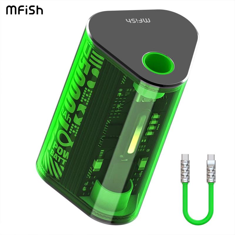 MFish Portable Charger Power Bank GaN Tech 10000mAh with 20W Fast Charging and Built-in Type-C Cable in Green - Chargeable, Accessories