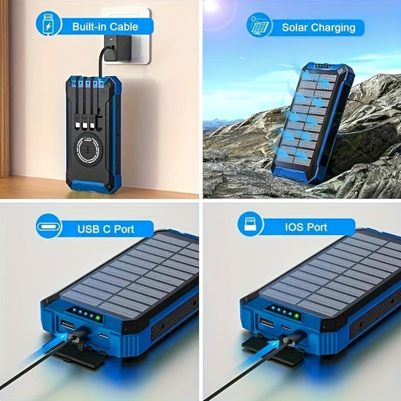 Solar Power Bank Wireless Charger 20000mAh Built In 4 Cables Fast Charging WithDual Flashlights Smartphone Chargeable