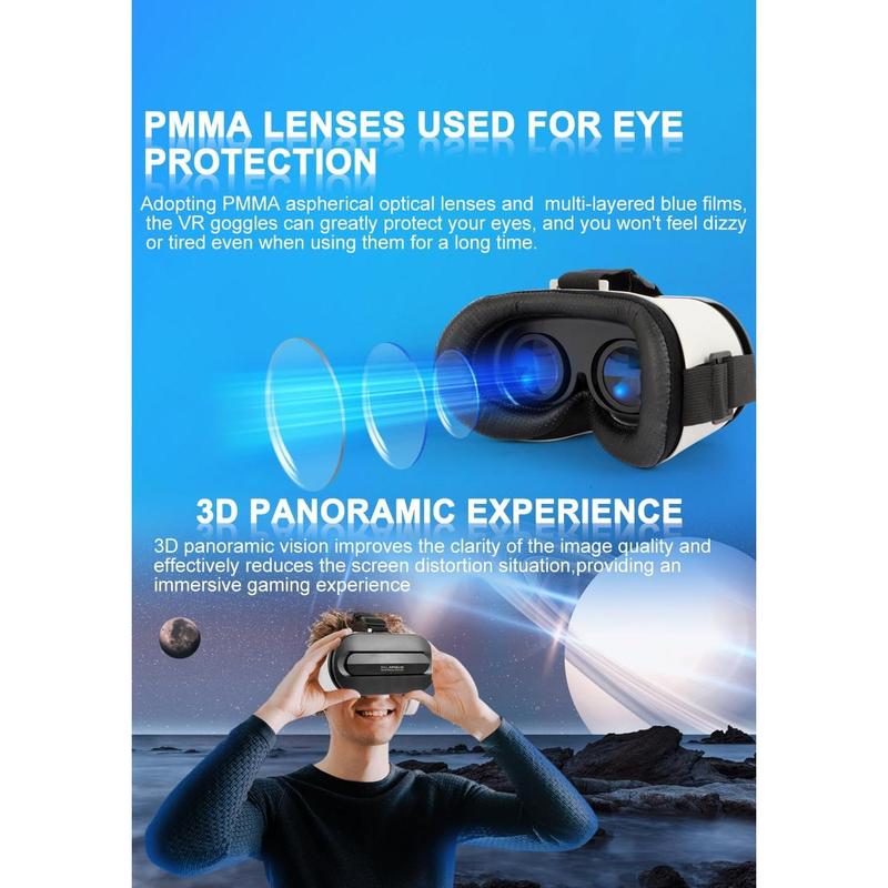 VR Headset for Smartphones with Bluetooth Controller, Ultra-Wide 120° Viewing Angle, Adjustable Focus and Eye Width, Aspherical Optical Lens, Good Heat Dissipation, 4.5-6.5 Inch Smartphone