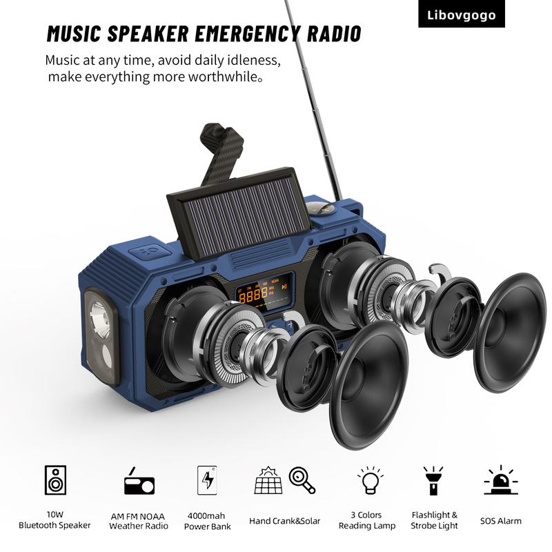 Emergency Radio 10W IPX5 Waterproof Bluetooth Speaker,Portable Digital AM FM Radio with Flashlight Strobe Light,3 Mode Reading Lamp,Hand Crank WB NOAA Weather Solar Radio,4000mAH Cell Phone Charger