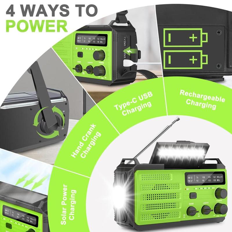 Portable Solar AM FM Radio, 6000mAh Hand Crank Radio with Super Flashlight & Reading Light, Type-C Charging Emergency Radio for Home Outdoor, Camping