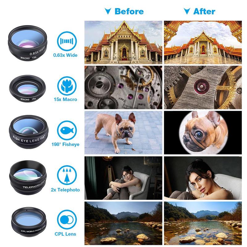 APEXEL 10 in 1 Mobile Phone Lens Kit, Macro Lens & Wide Angle Lens & Fisheye Lens & Telephoto Lens & CPL Flow Radial Star Filter Lens & Kaleidoscope 3 6 Lens, Suitable for iPhone, Samsung, Xiaomi, and All Smartphones