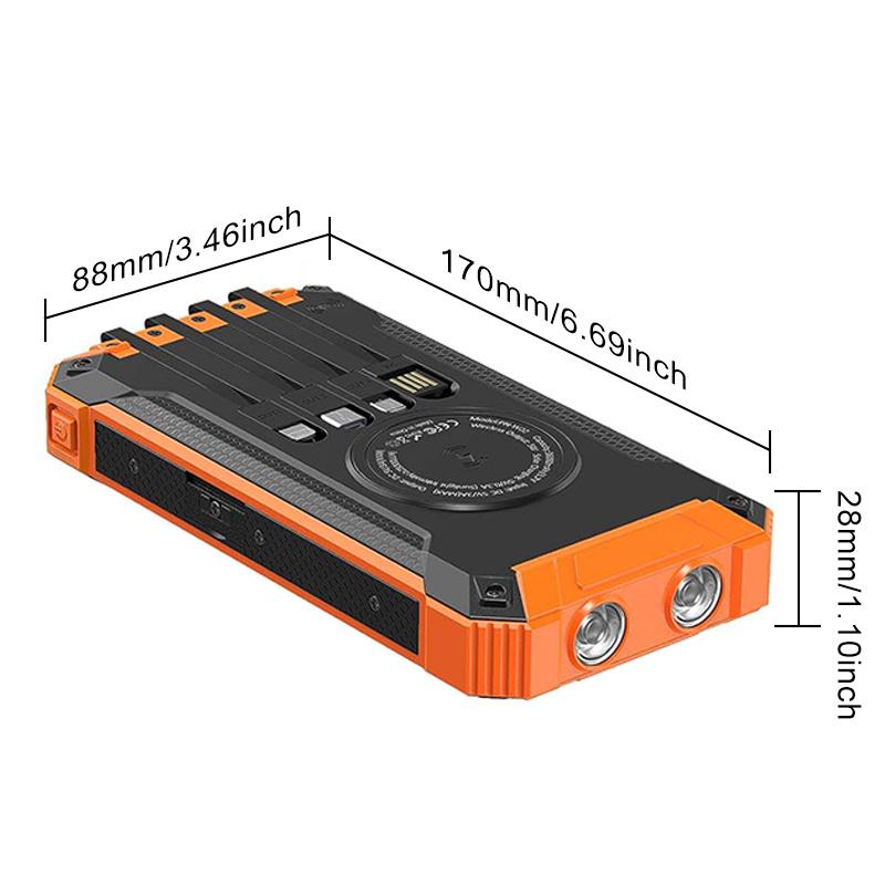 Solar Power Bank Wireless Charger 20000mAh Built In 4 Cables Fast Charging WithDual Flashlights Smartphone Chargeable