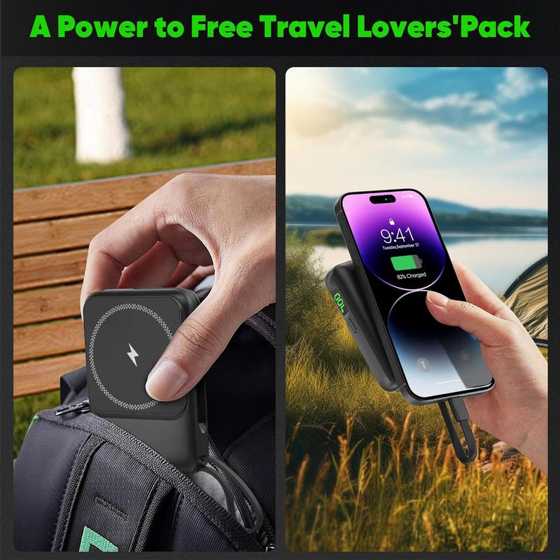 2024 Version 10000mAh Magnetic Wireless Portable Power Bank Charger, LED Display 20W PD Fast Charging Battery Pack, Built in Cables Phone Charger for iPhone iPad Samsung Google Pixel LG Moto More