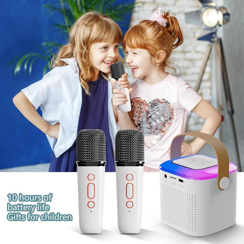 Portable Karaoke Machine with 2 Wireless Microphones, Mini Karaoke Machine with LED Lights, Bluetooth Speaker, Support TF Card, AUX Input Singing Toys for Kids Adults Home Birthday Party (White)