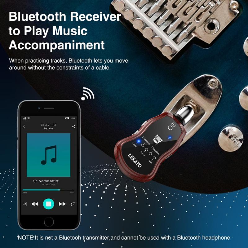 LEKATO Guitar Headphone Amplifier, Micro Headphone Amplifier, Bass Guitar Headphone Amplifier, Rechargeable Mini Guitar Practice Amp, with Bluetooth Receiver, Clean Chorus Overdrive Distortion and Wah Audio