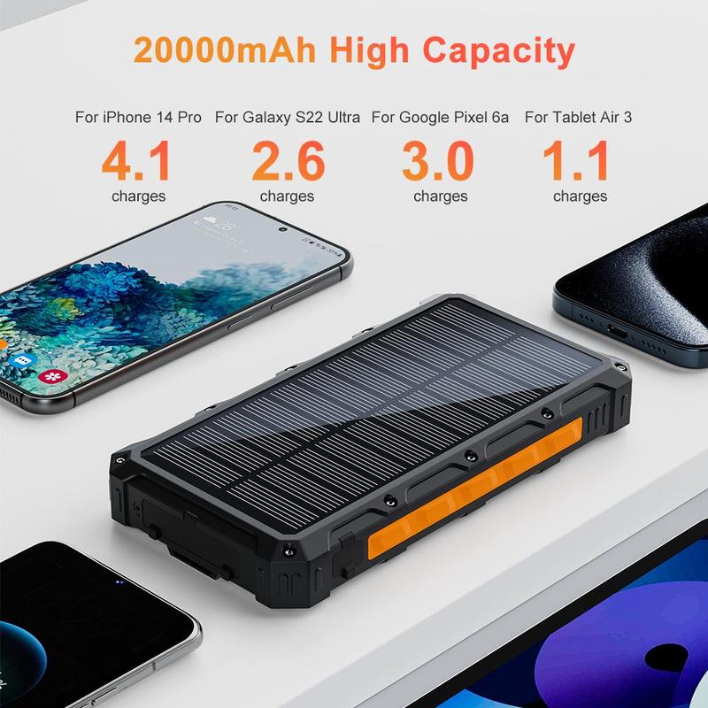 20000mAh Solar Powered Power Bank, Portable Wireless Charging Power Bank with LED Flashlight, Waterproof Power Bank for Apple Phones Android Phones, Stocking Fillers Gift