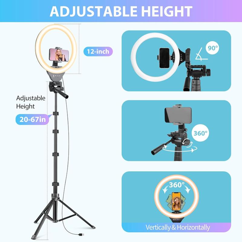 12-inch Ring Light with 67-inch Selfie Stick, Tripod and Phone Holder, Selfie Remote Control Circle Light for Live Stream Video Recording TikTok, Compatible with All Phones and Cameras Accessories Adjustable