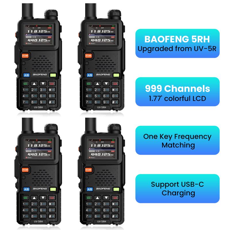 BAOFENG UV-5RH (Upgrade of UV-5R) GMRS Ham Radio, Long Range Walkie Talkies Survival Emergency Gear, Handheld Two Way Radio with NOAA Weather, 999 Channels,Copy Frequency,USB-C Charging,Support Chirp,Video & Audio Produc(Black, Full Kits)