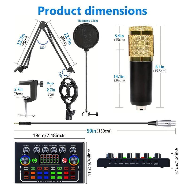 USB External Recording Audio Mixer, Sound Card Microphone Kit, Condenser Mic Set, Audio Live Streaming Kit, Professional Audio Mixer for KTV & Home, Podcast Accessories