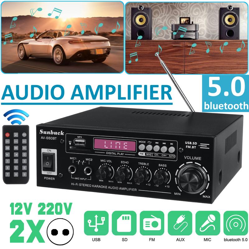 AV-660BT 2000W bluetooth 5.0 Audio Power Amplifier EQ Stereo AMP Car Home 2CH AUX USB FM Radio