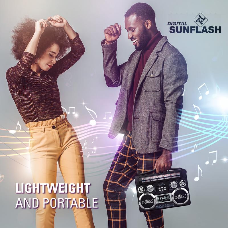 DIGITAL SUNFLASH Retrobox  AM FM SW 3-Band Portable Audio Radio Speaker Player Receiver  with Wireless Bluetooth Boombox Built-in Flash Light, SD, MicroSD, AUX Input,  Rechargeable Battery