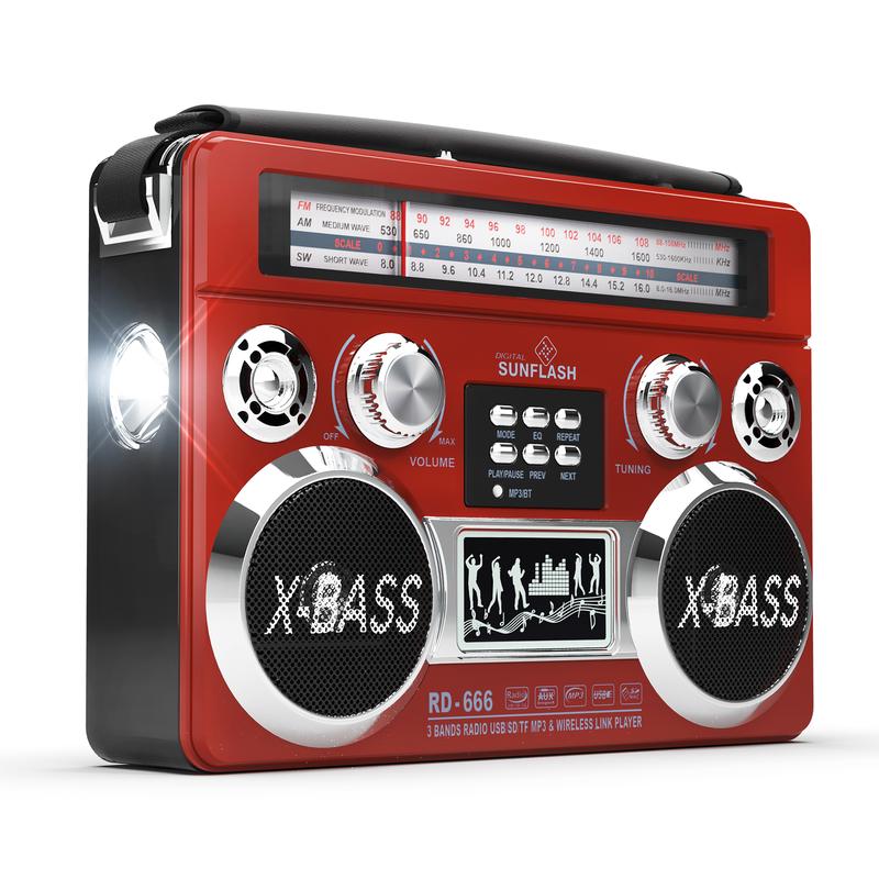 DIGITAL SUNFLASH Retrobox  AM FM SW 3-Band Portable Audio Radio Speaker Player Receiver  with Wireless Bluetooth Boombox Built-in Flash Light, SD, MicroSD, AUX Input,  Rechargeable Battery