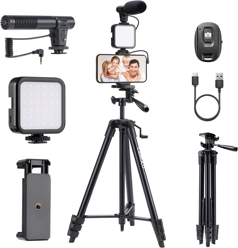 CAMOLO Vlogging Kit, Smartphone Vlog Kit with Microphone, with LED Light, Phone Cellphone Tripod, 53 inches with Wireless Remote Vlogging Camera for YouTube with Tripod Accessories Compact Selfie Adjustable