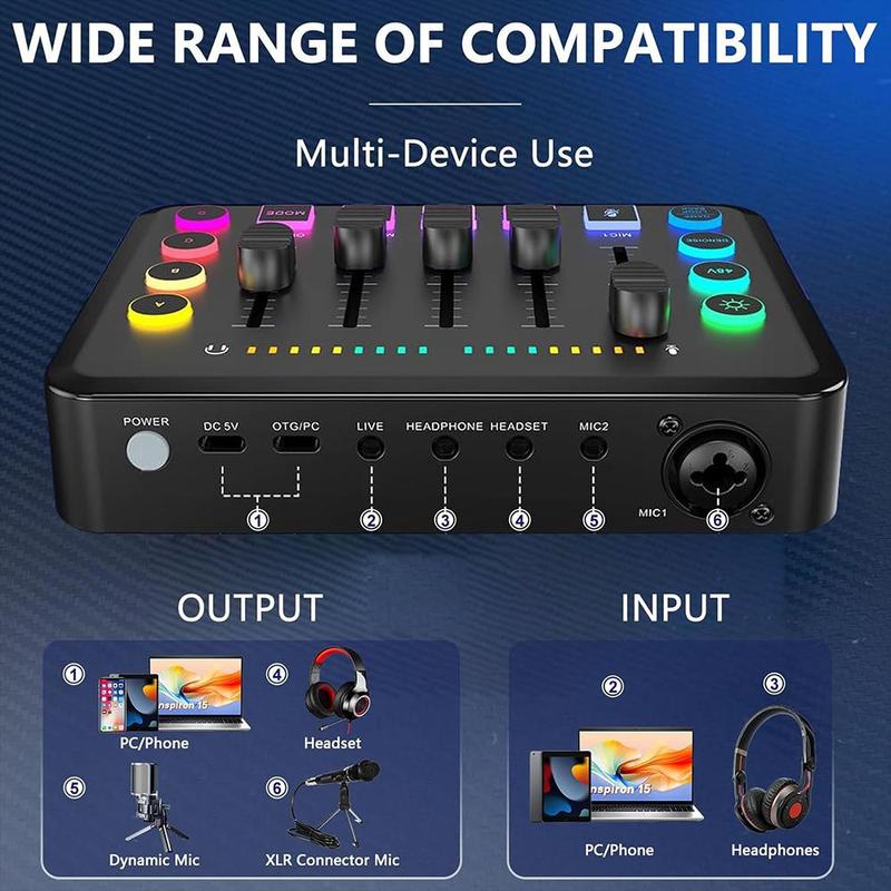 USB Rechargeable Audio Mixer, RGB PC Mixer with XLR Microphone Interface, Volume Fader, Mute Button, 48V Phantom Power, DJ Controller for Podcast Recording