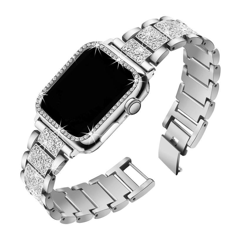 Rhinestone Decor Watch Band & Jewelry Bracelet Set, 4 Counts Set Watch Band with 2 Bling Case Cover, Watch Accessories for Apple Watch 9 8 7 6 5 4 3 2 1 SE