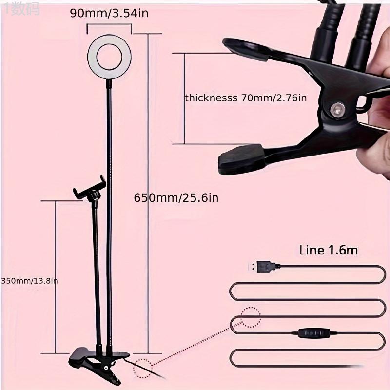 Iron Phone Grip Stand with 2-in-1 Ring Light and Clip-on Gooseneck Light, Non-Waterproof Desk Reading and Video Recording Lamp, Study Night Light for Bedside and Tabletop Use Selfie Smartphone