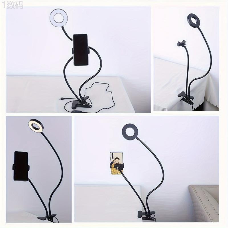 Iron Phone Grip Stand with 2-in-1 Ring Light and Clip-on Gooseneck Light, Non-Waterproof Desk Reading and Video Recording Lamp, Study Night Light for Bedside and Tabletop Use Selfie Smartphone