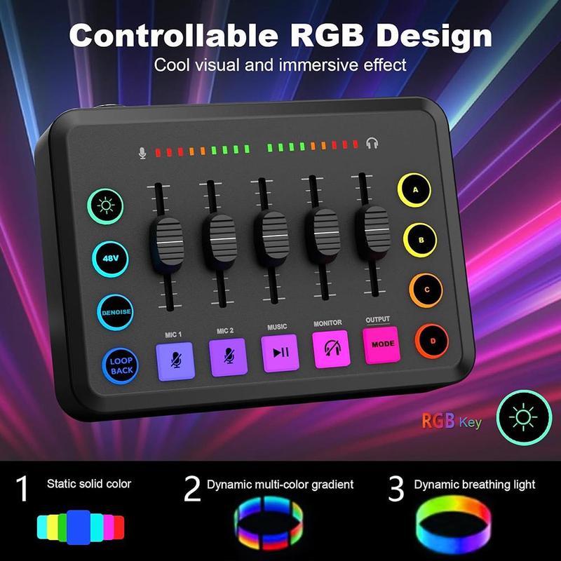 USB Rechargeable Audio Mixer, RGB PC Mixer with XLR Microphone Interface, Volume Fader, Mute Button, 48V Phantom Power, DJ Controller for Podcast Recording