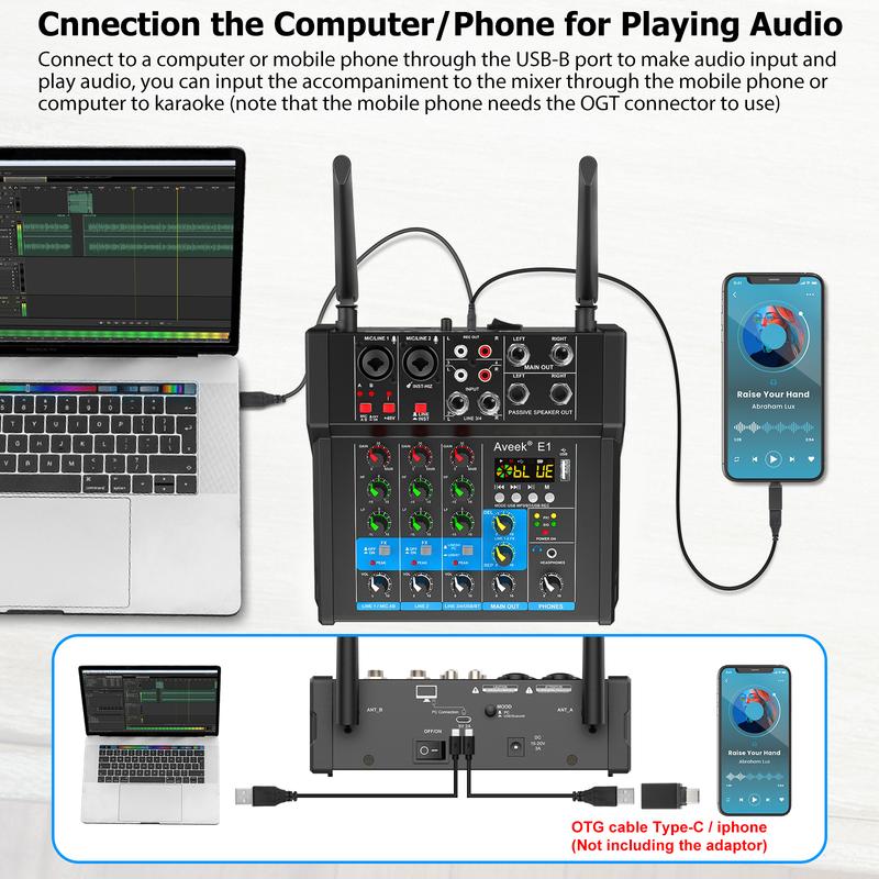 150W x2 Audio Mixer,4Channel With Dual Wireless Mic Sound Board Console Input 48V Stereo  Mixing for Rechargeable Recording Receiver  Digital Phone