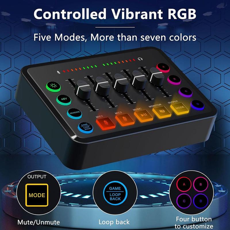 USB Rechargeable Audio Mixer, RGB PC Mixer with XLR Microphone Interface, Volume Fader, Mute Button, 48V Phantom Power, DJ Controller for Podcast Recording