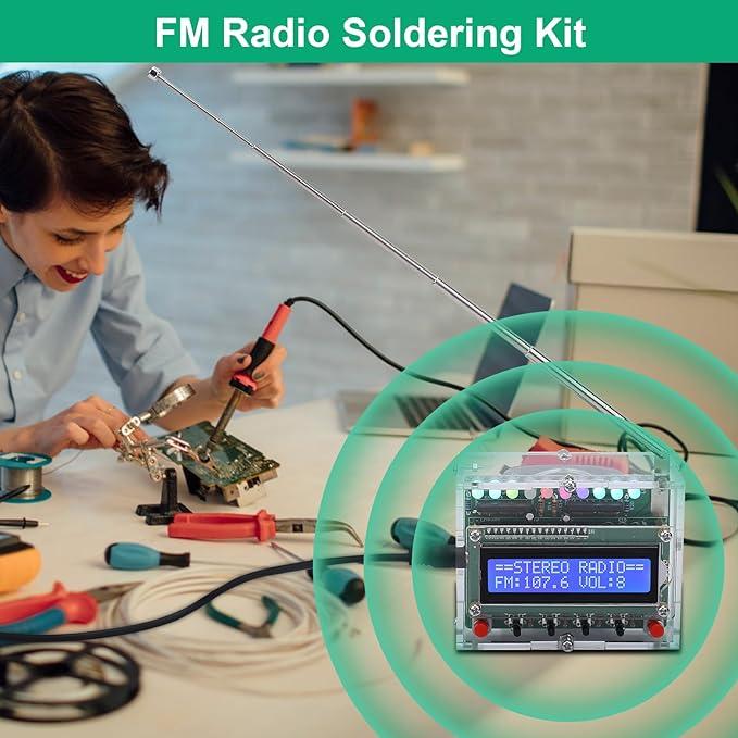 FM Radio Kit, Soldering Projects Radio with LED Flashing Lights FM 87-108MHz Soldering Practice Kit DIY Radio Kit LCD1602 Display for Learning Teaching STEM Education