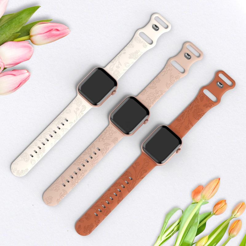 Floral Pattern Silicone Watch Band (Band Only), Soft Sport Wildflower Design Watch Band, Fashionable Watch Accessories Compatible with Apple watch Series 9 8 SE 7 6 5 4 3 2 1