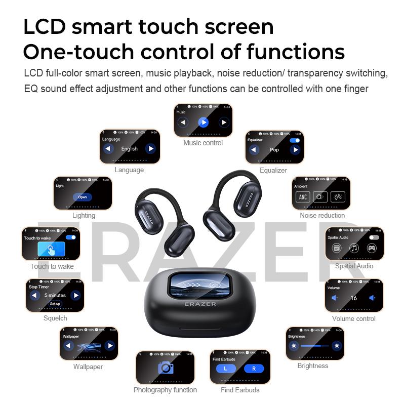 ERAZER OWS Touch Screen Earphone Bluetooth 5.4 Wireless Headphones oise Canceling TF Card Headset HIFI Stereo Full-Color Display Multifunctional Earbuds With Mic