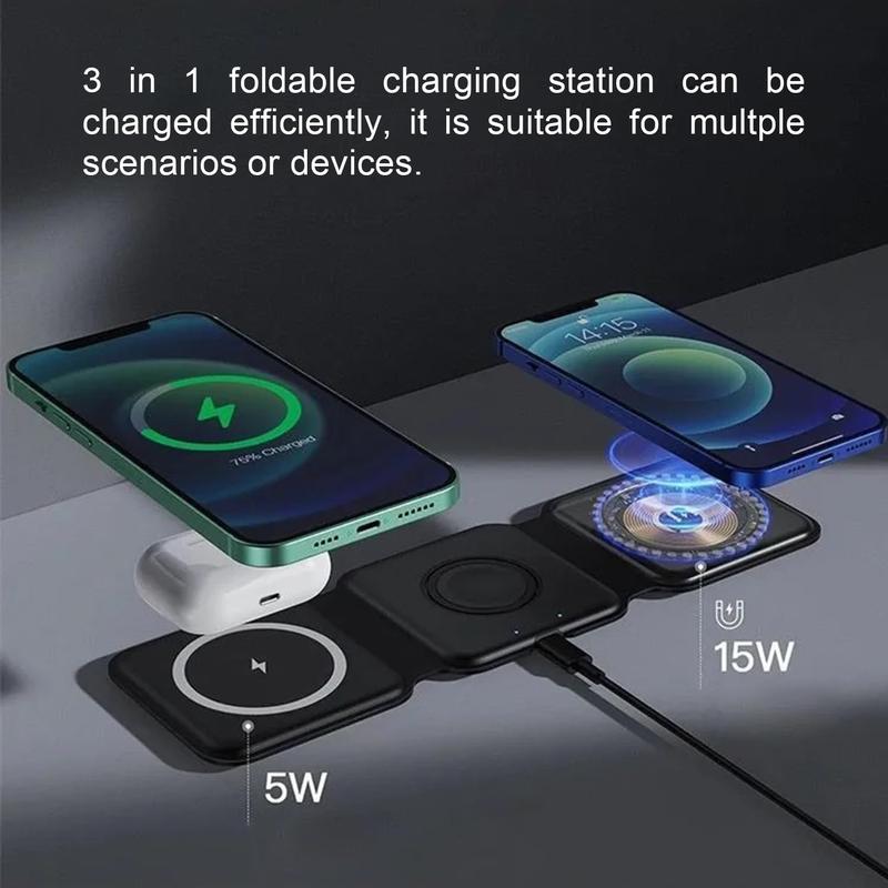 3 in 1 Wireless Charging Station, 1 Count Magnetic Foldable Travel Charger Station Stand, 15W Charger for iPhone 16 15 14 13 12 Pro Max Plus & Apple Watch All Series & AirPods