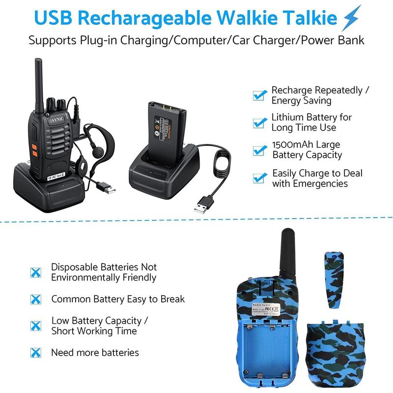 eSynic Professional Rechargeable Walkie Talkies - Long Range 2 Way Radio for Adults with VOX, 16 Channels, LED Light, Original Earpieces, and Portability Audio Portable Mother's Day Gift