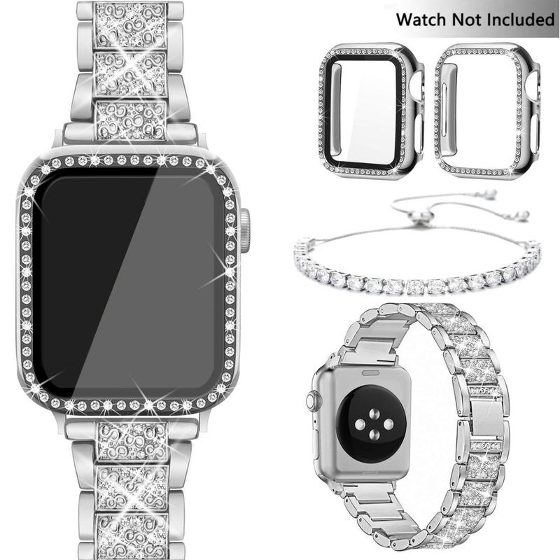 Rhinestone Decor Watch Band & Jewelry Bracelet Set, 4 Counts Set Watch Band with 2 Bling Case Cover, Watch Accessories for Apple Watch 9 8 7 6 5 4 3 2 1 SE