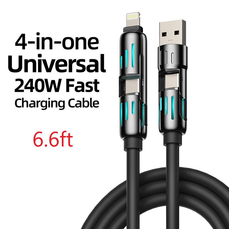 6.6ft 240W 4-in-1 USB Charging Cable - m fish Fast Charging for A+ TYPE C and Lightning - Aluminum Alloy Compatible with iphone 13 14 15 16、huawei fast charge Multifunctional USB-C