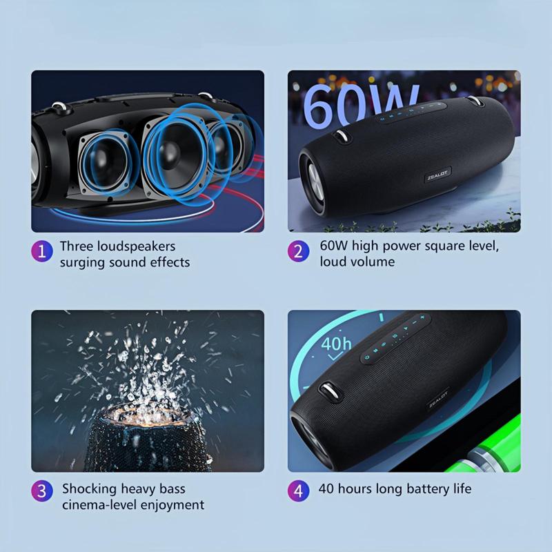 Wireless Speaker, Portable Bluetooth-compatible Speaker with Shoulder Strap, Waterproof Speaker with 60W Loud Stereo Sound for Outdoor Party Beach Camping