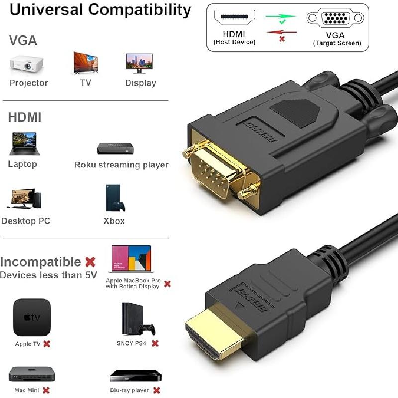 HDMI to VGA 6 Feet Cable, Uni-Directional HDMI (Source) to VGA (Display) Cable (Male to Male) Compatible for Computer, Desktop, Laptop, PC, Monitor, Projector, HDTV, Roku, Xbox Accessories Adapter