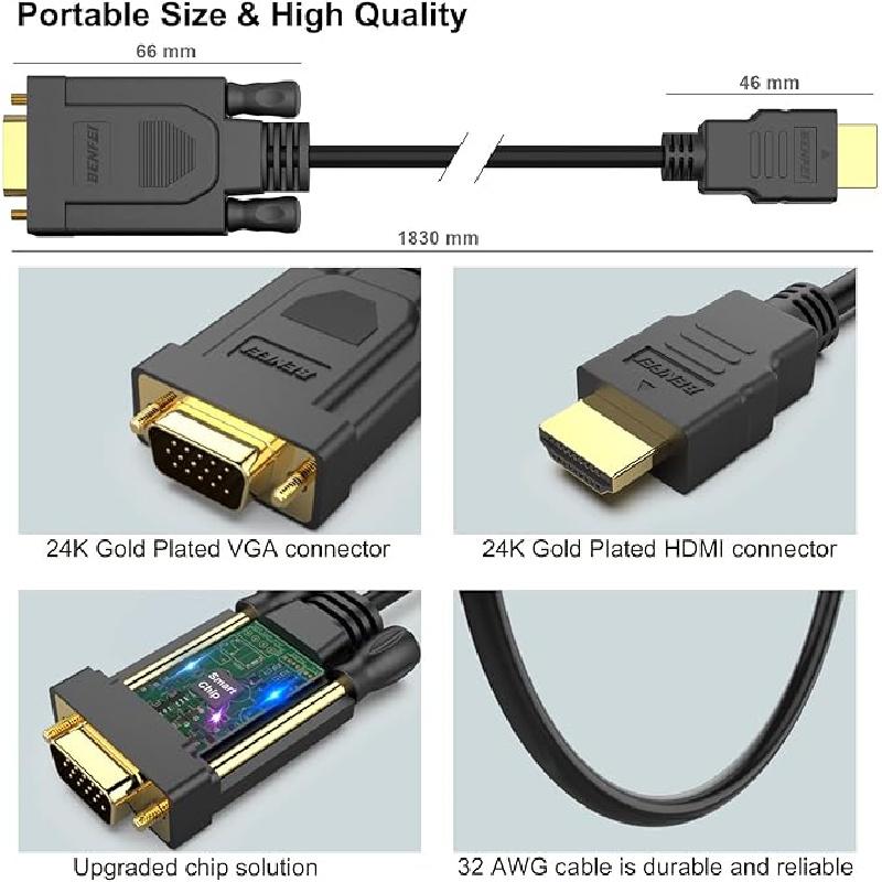 HDMI to VGA 6 Feet Cable, Uni-Directional HDMI (Source) to VGA (Display) Cable (Male to Male) Compatible for Computer, Desktop, Laptop, PC, Monitor, Projector, HDTV, Roku, Xbox Accessories Adapter