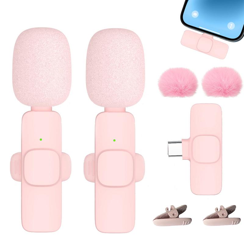 2 Pack Pink Wireless  Microphone for iPhone - Plug Play Clip on Shirt Lapel Mini Mic for TikTok YouTube Facebook Live Stream Vlog Video Recording -No Need App Bluetooth Audio Smartphone mic for