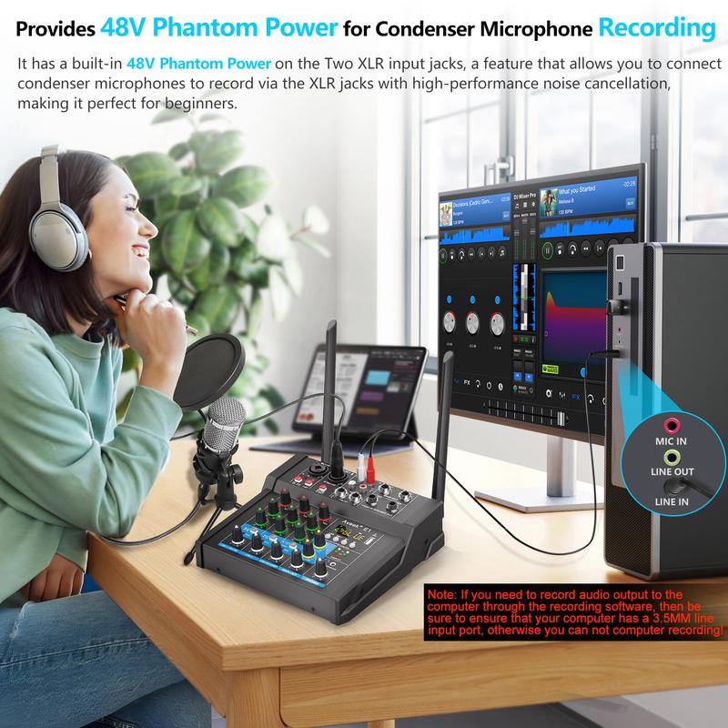 150W x2 Audio Mixer,4Channel With Dual Wireless Mic Sound Board Console Input 48V Stereo  Mixing for Rechargeable Recording Receiver  Digital Phone