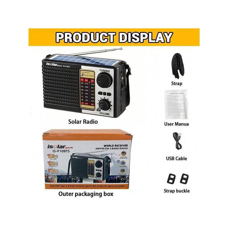 GX 3-Way Powered Solar Emergency Radio - AM FM Digital Speaker With LED Flashlight, USB And TF Card Interface, Rechargeable Battery, Adjustable Volume, Perfect For Outdoor Activities And Emergency Situations Audio Solar radio