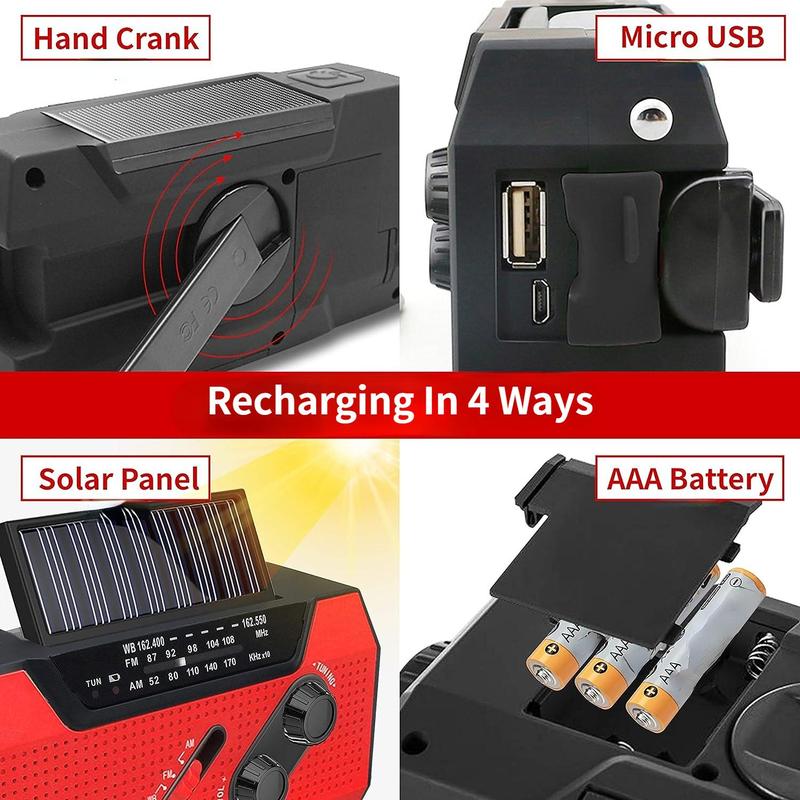 Portable USB Solar Hand Crank Charging Radio, Emergency Weather Radio with Power Bank Function, Radio with SOS Alarm & Flashlight for Indoor Outdoor Emergencies