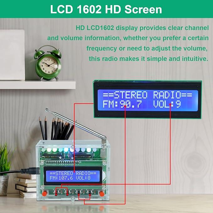 FM Radio Kit, Soldering Projects Radio with LED Flashing Lights FM 87-108MHz Soldering Practice Kit DIY Radio Kit LCD1602 Display for Learning Teaching STEM Education