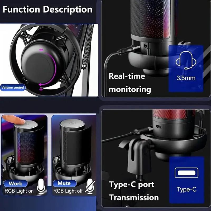 USB Computer Microphone, Condenser Microphone with Cantilever Bracket, 7 RGB Modes PC Microphone Compatible with 5 8