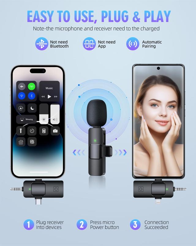 3 in 1 Wireless Lavalier Microphones for  iPhone, Android Phone, Camera, Computer, Laptop, Mini Microphone with Noise Reduction Professional Dual Lapel Mic with USB-C 3.5mm Lightning Port for Video Recording, Vlog