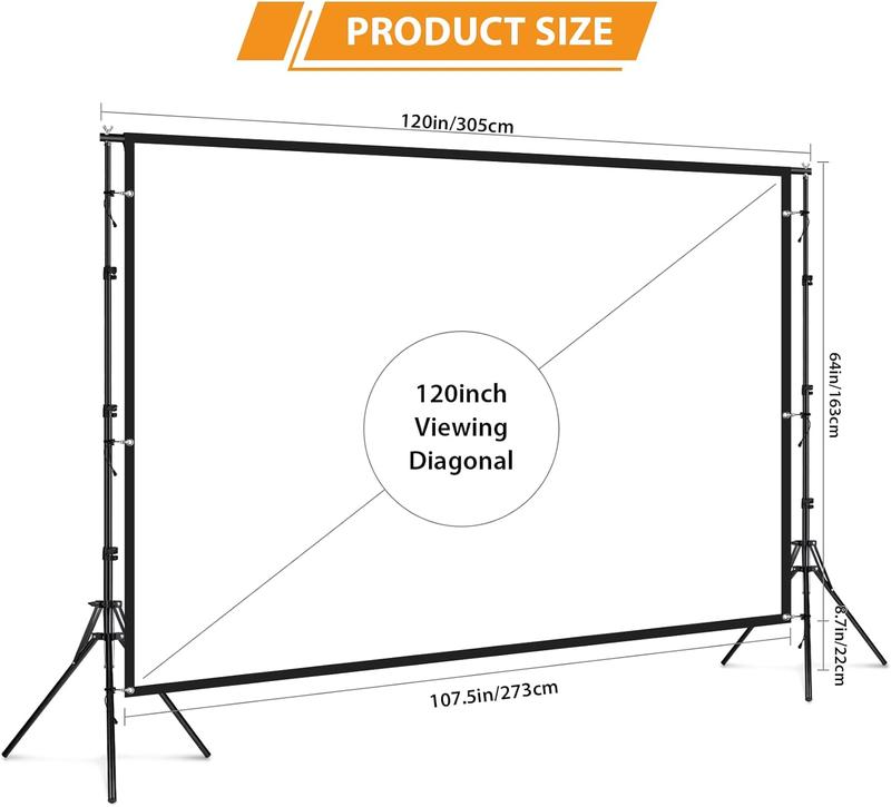 HPUSN 120 inch Portable Indoor Outdoor Projector Screen 16:9 4K HD with Stand Fordable & Wrinkle-Free Movie Screen with Carry Bag for Home Theater Camping and Recreational Events Accessories