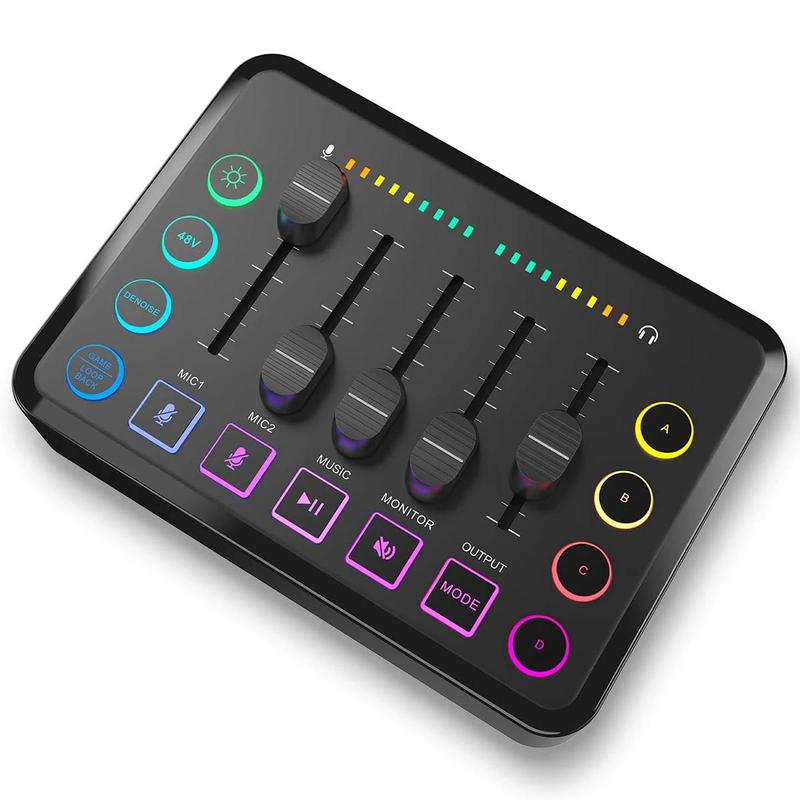 USB Rechargeable Audio Mixer, RGB PC Mixer with XLR Microphone Interface, Volume Fader, Mute Button, 48V Phantom Power, DJ Controller for Podcast Recording