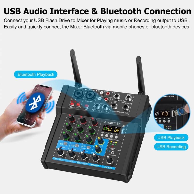 150W x2 Audio Mixer,4Channel With Dual Wireless Mic Sound Board Console Input 48V Stereo  Mixing for Rechargeable Recording Receiver  Digital Phone