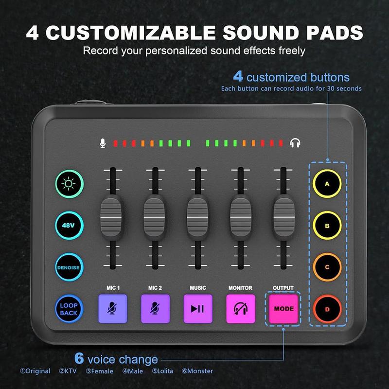 USB Rechargeable Audio Mixer, RGB PC Mixer with XLR Microphone Interface, Volume Fader, Mute Button, 48V Phantom Power, DJ Controller for Podcast Recording