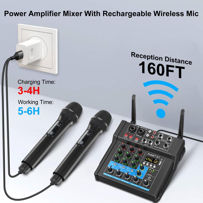 150W x2 Audio Mixer,4Channel With Dual Wireless Mic Sound Board Console Input 48V Stereo  Mixing for Rechargeable Recording Receiver  Digital Phone