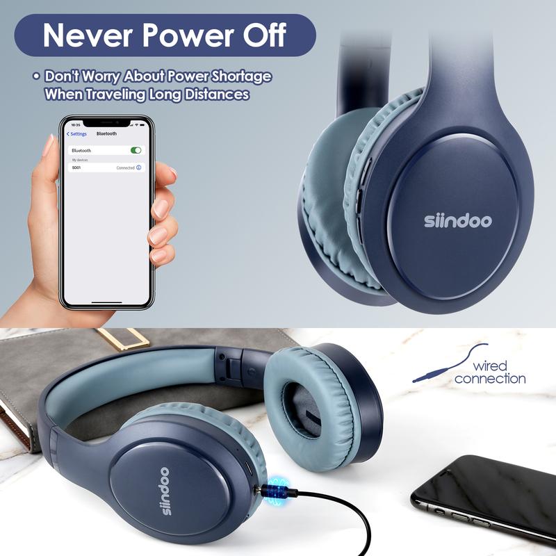 Siindoo Bluetooth Headphones Over Ear, 65H Playtime and 3 EQ Music Modes Wireless Headphones with Mic, Stereo Foldable Wireless Audio Gaming Headset